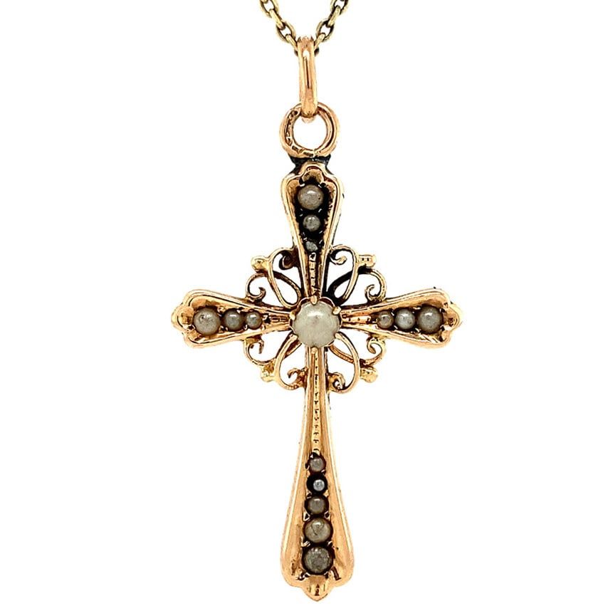 Vintage 14K Gold Pendant Cross with Pearl